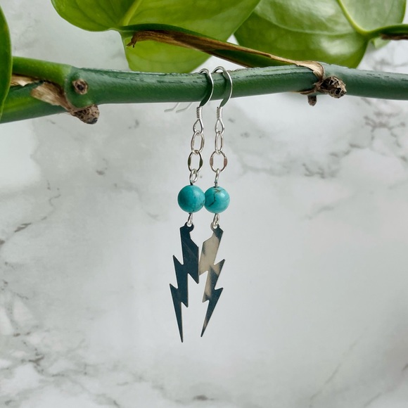 Lightning Bolt Silver Earrings with Turquoise Accent - Picture 3 of 5